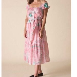 Pink  Tiered Midi Dress with Belt
